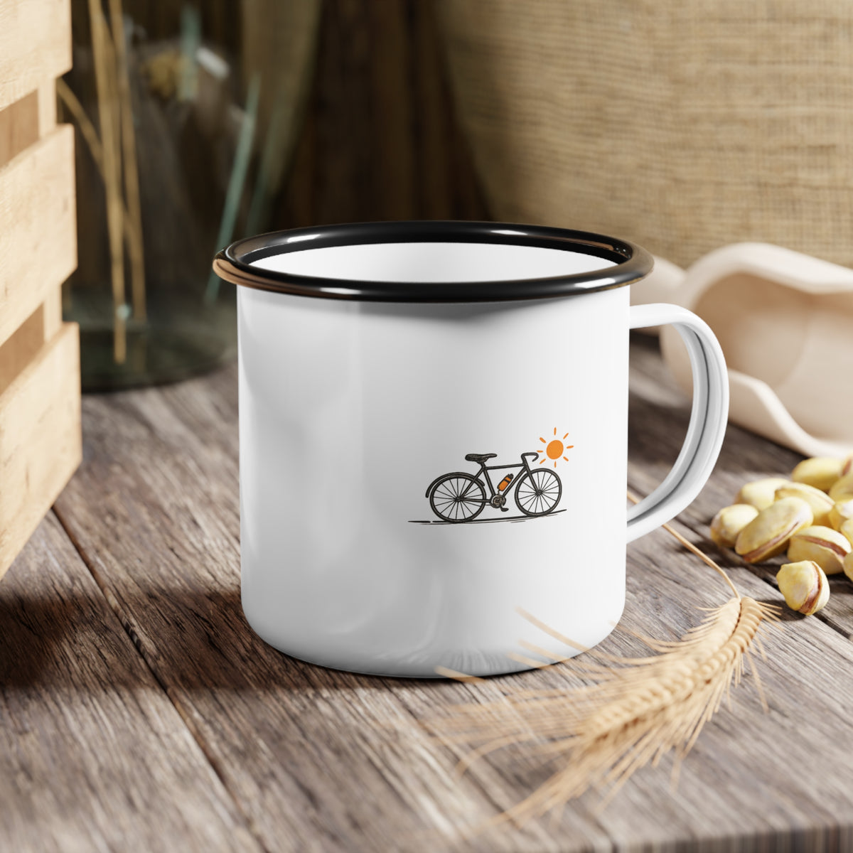 Minimal Bicycle Enamel Camp Mug, 12oz Campfire Coffee Cup, Outdoor Adventure Gift