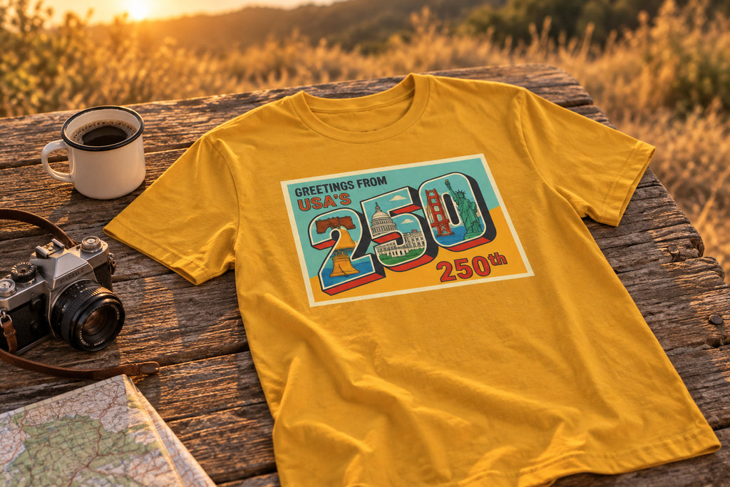 Greetings From USA 250th Vintage Postcard T-Shirt - Mustard on a rustic wooden table | MR7ART