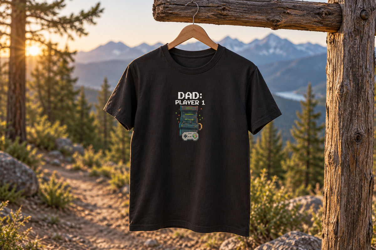 Dad Player 1 Retro Handheld Game T-shirt - Black on a wooden hanger outdoors | MR7ART