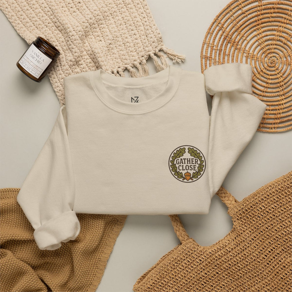 Thanksgiving Wreath Sweatshirt - Sand folded flat lay | MR7ART