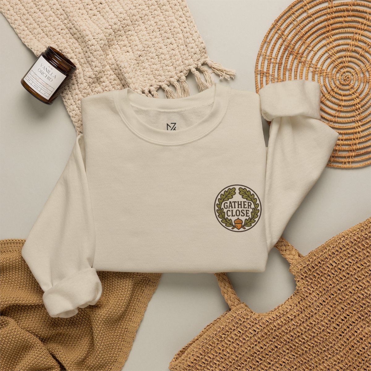 Thanksgiving Wreath Sweatshirt - Sand folded flat lay | MR7ART