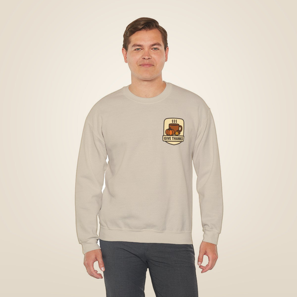 Thanksgiving Sweatshirt - Sand worn by a model | MR7ART