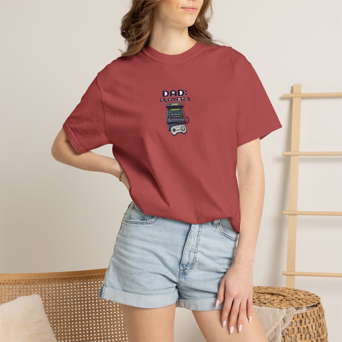 Dad Player 1 Retro Handheld Game T-shirt - Crimson product photo | MR7ART
