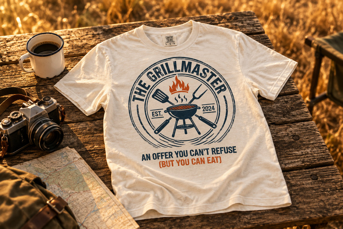The Grillmaster T-shirt - White on a rustic wooden table | MR7ART