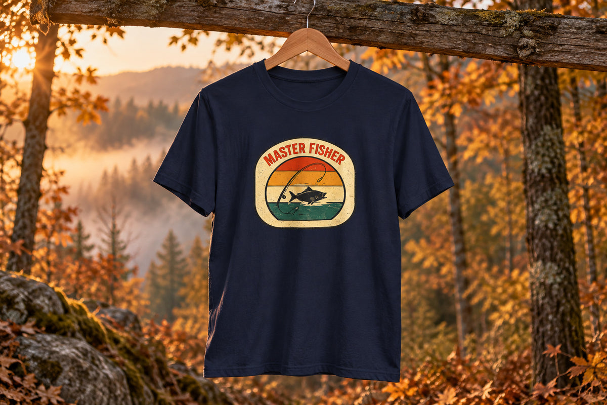Master Fisher vintage sunset fishing T-Shirt - Navy on a wooden hanger outdoors | MR7ART