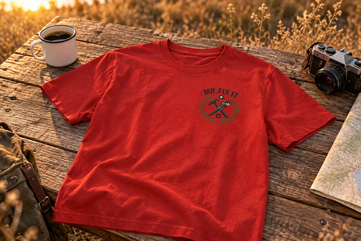 Mr Fix It Dad Shirt - Red on a rustic wooden table | MR7ART