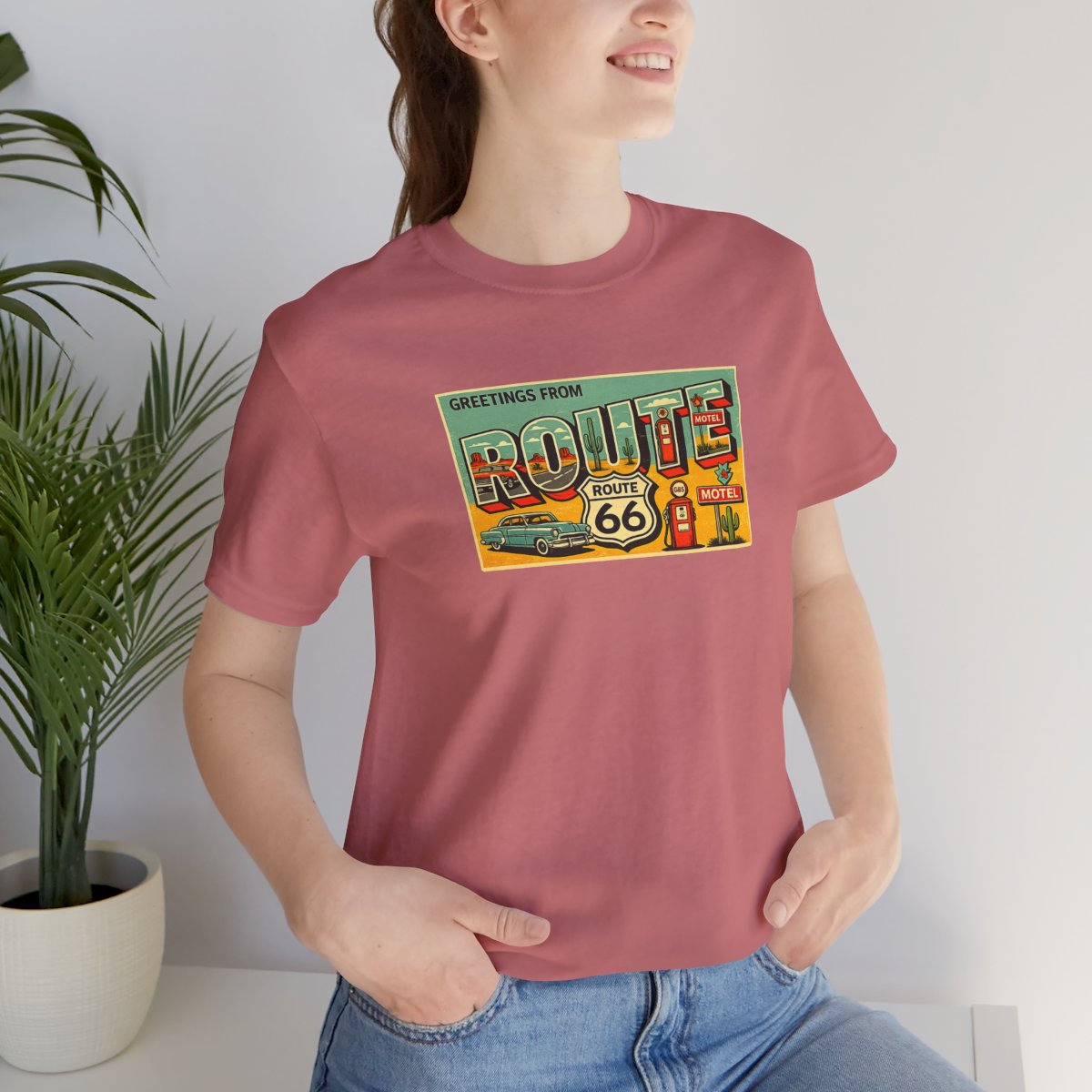 Route 66 Postcard design T-Shirt - Mauve worn by a model | MR7ART