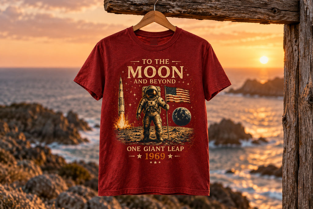To The Moon and Beyond astronaut graphic T-shirt - Red on a wooden hanger outdoors | MR7ART