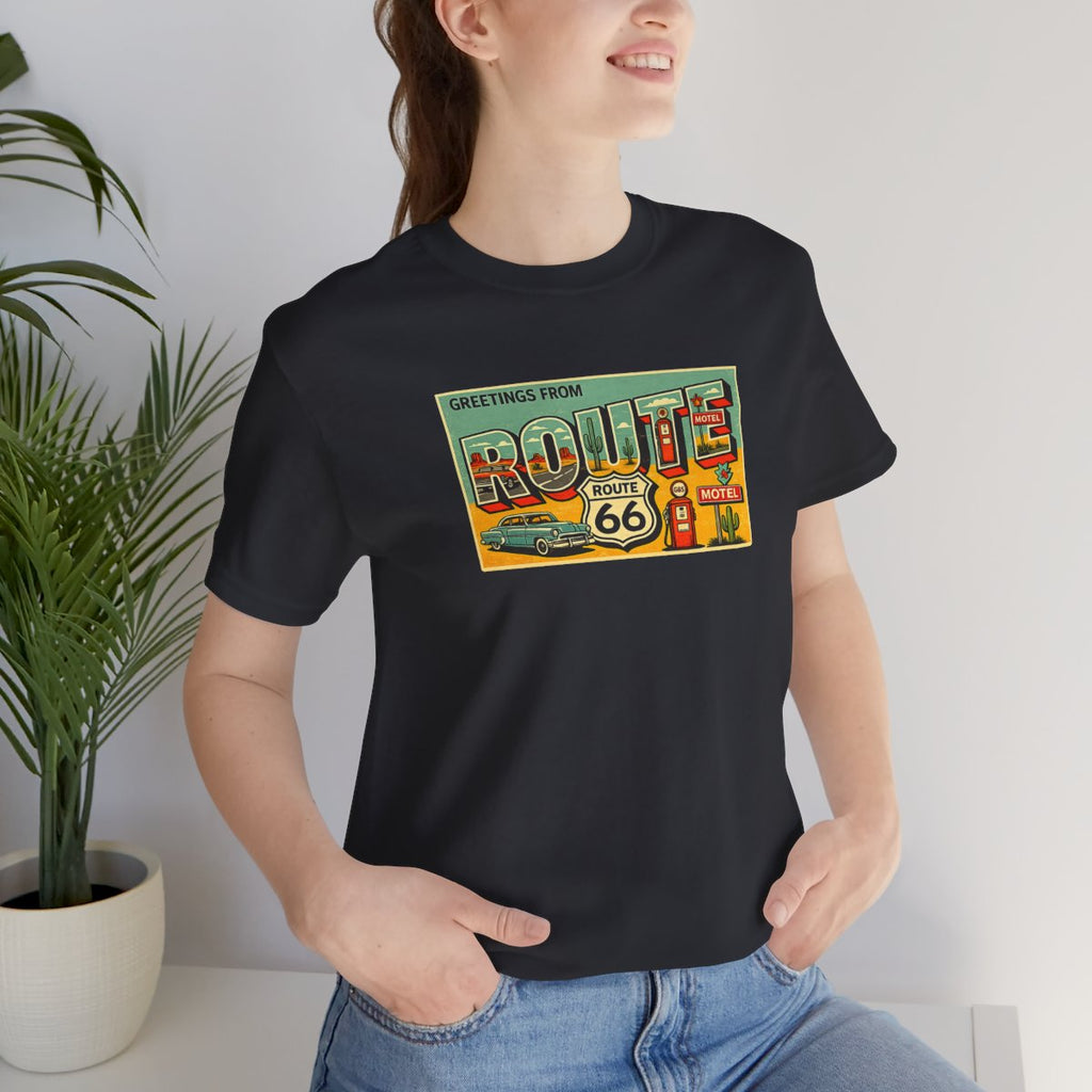 Route 66 Postcard design T-Shirt - Vintage Black worn by a model | MR7ART