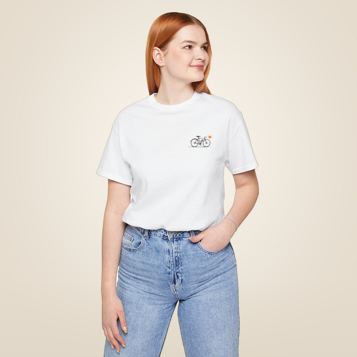 Minimal Bicycle Illustration Tee - White worn by a model | MR7ART
