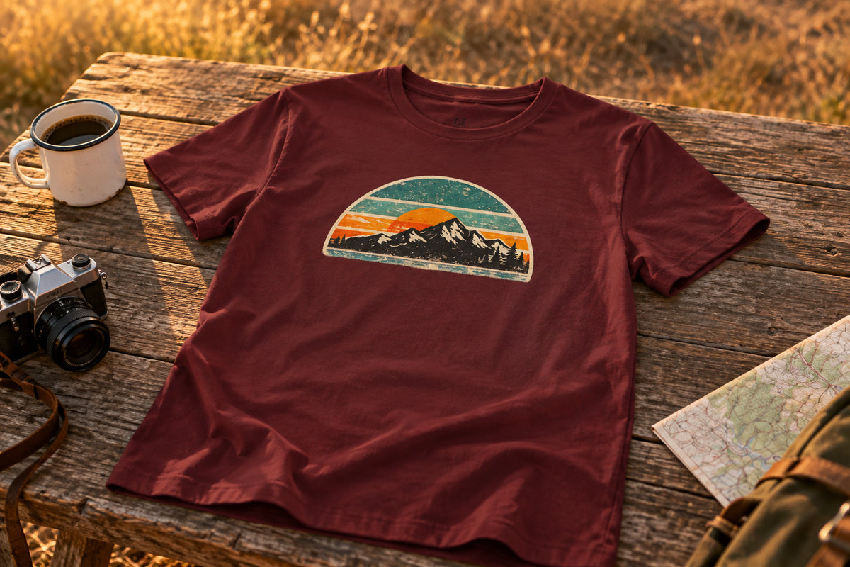Retro Mountain Sunset Tee - Maroon on a rustic wooden table | MR7ART