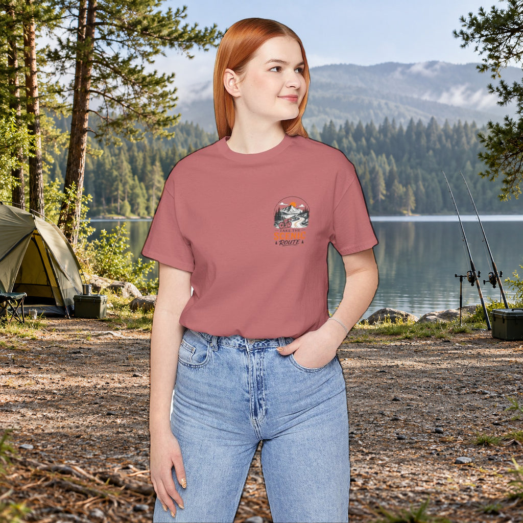 Scenic Route Graphic Tee — Vintage Road Trip Pocket Design - Mauve worn by a model | MR7ART