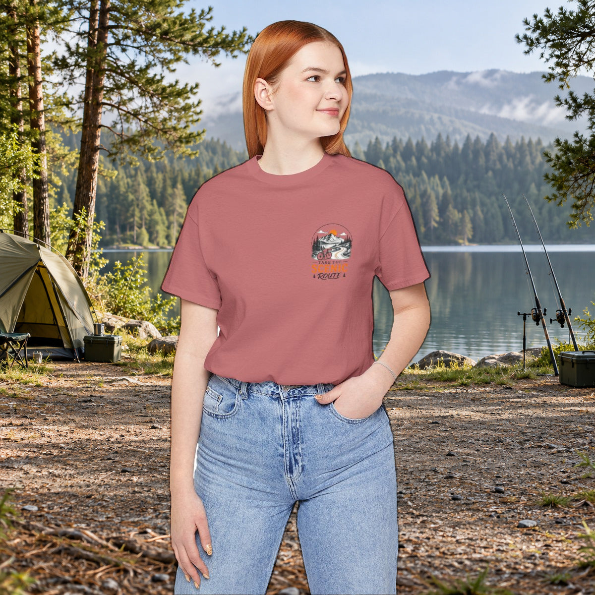 Scenic Route Graphic Tee — Vintage Road Trip Pocket Design - Mauve worn by a model | MR7ART
