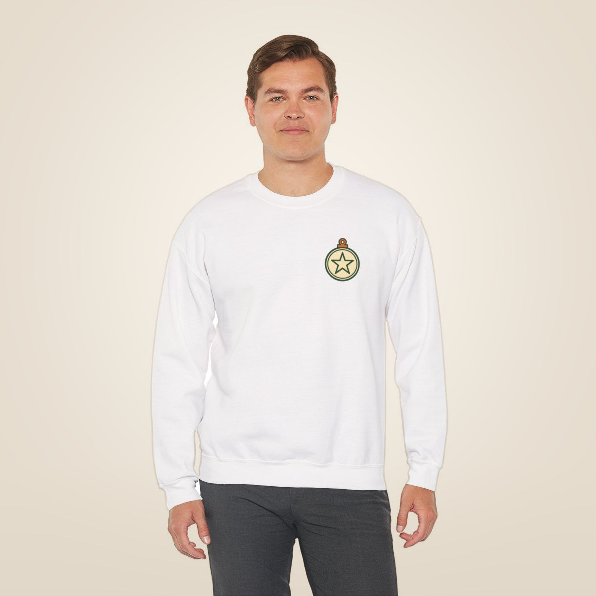 Christmas Ornament Sweatshirt - White worn by a model | MR7ART