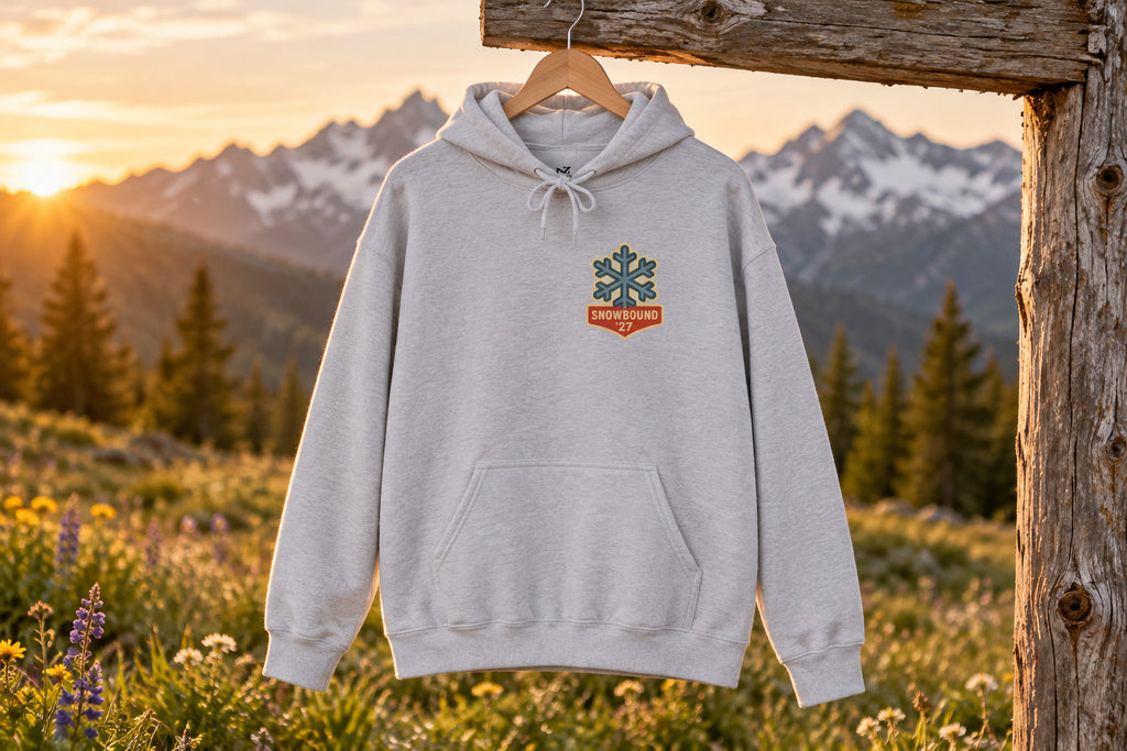 Matching Ski Trip Hoodie - Sport Grey on a wooden hanger outdoors | MR7ART
