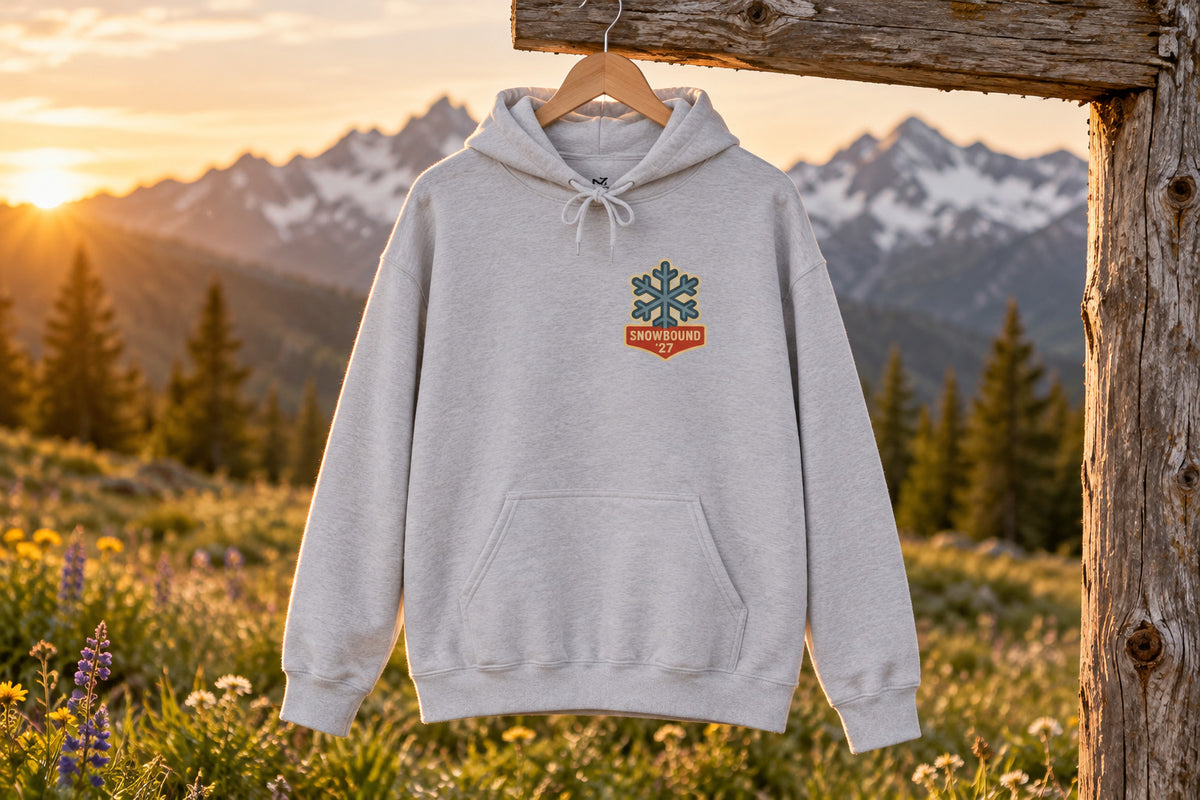 Matching Ski Trip Hoodie - Sport Grey on a wooden hanger outdoors | MR7ART