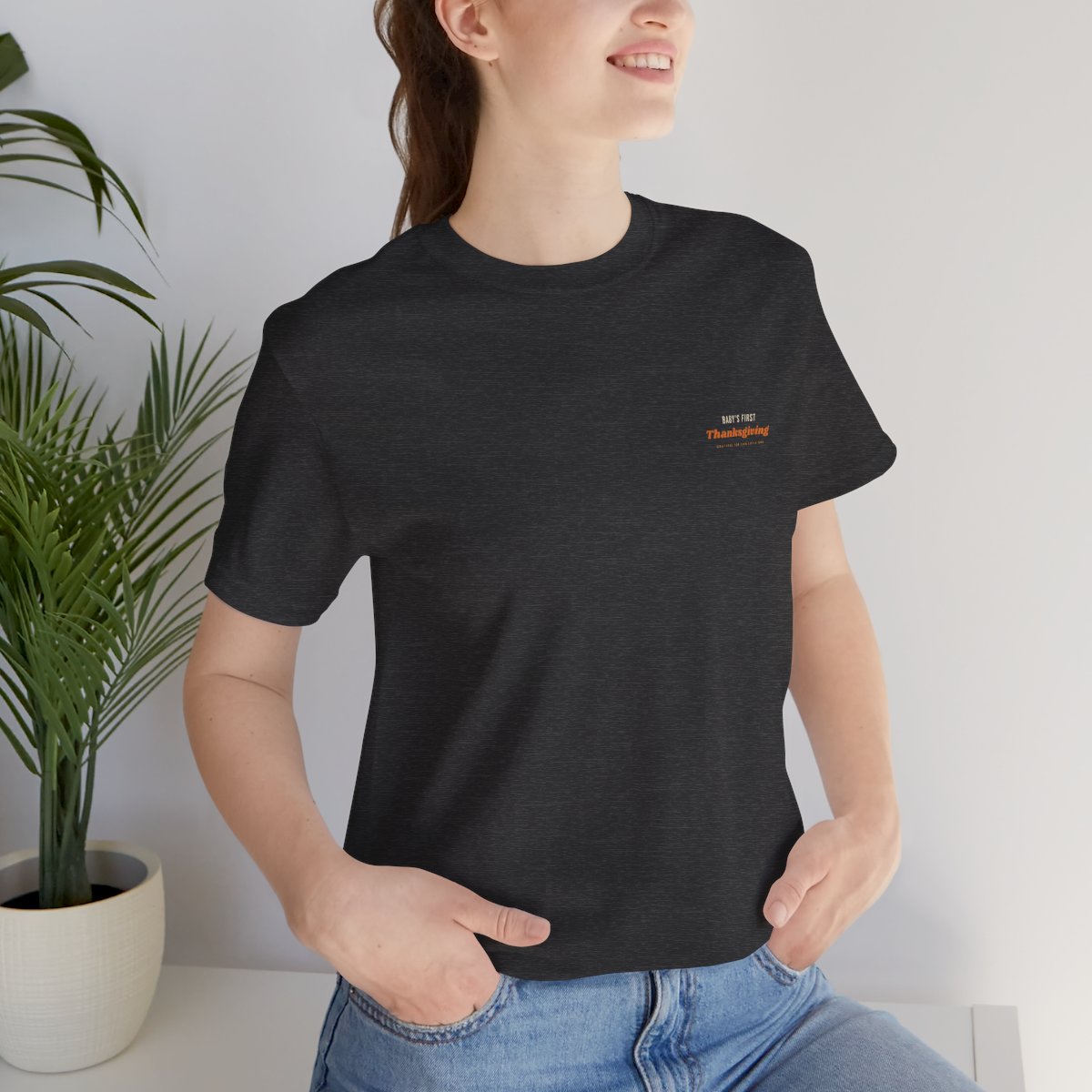 Baby's First Thanksgiving Tee - Dark Grey Heather worn by a model | MR7ART
