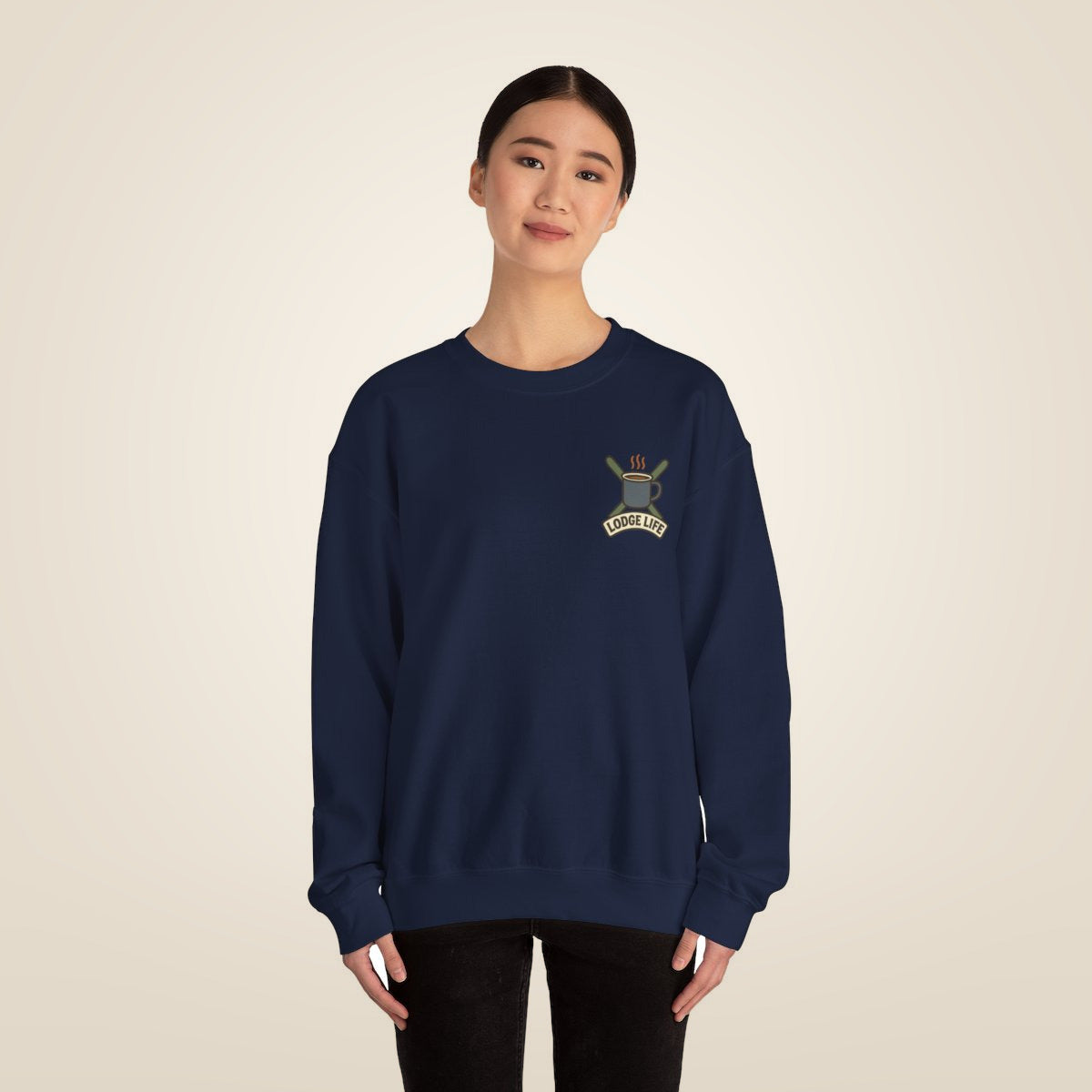 Ski Lodge Sweatshirt - Navy worn by a model | MR7ART