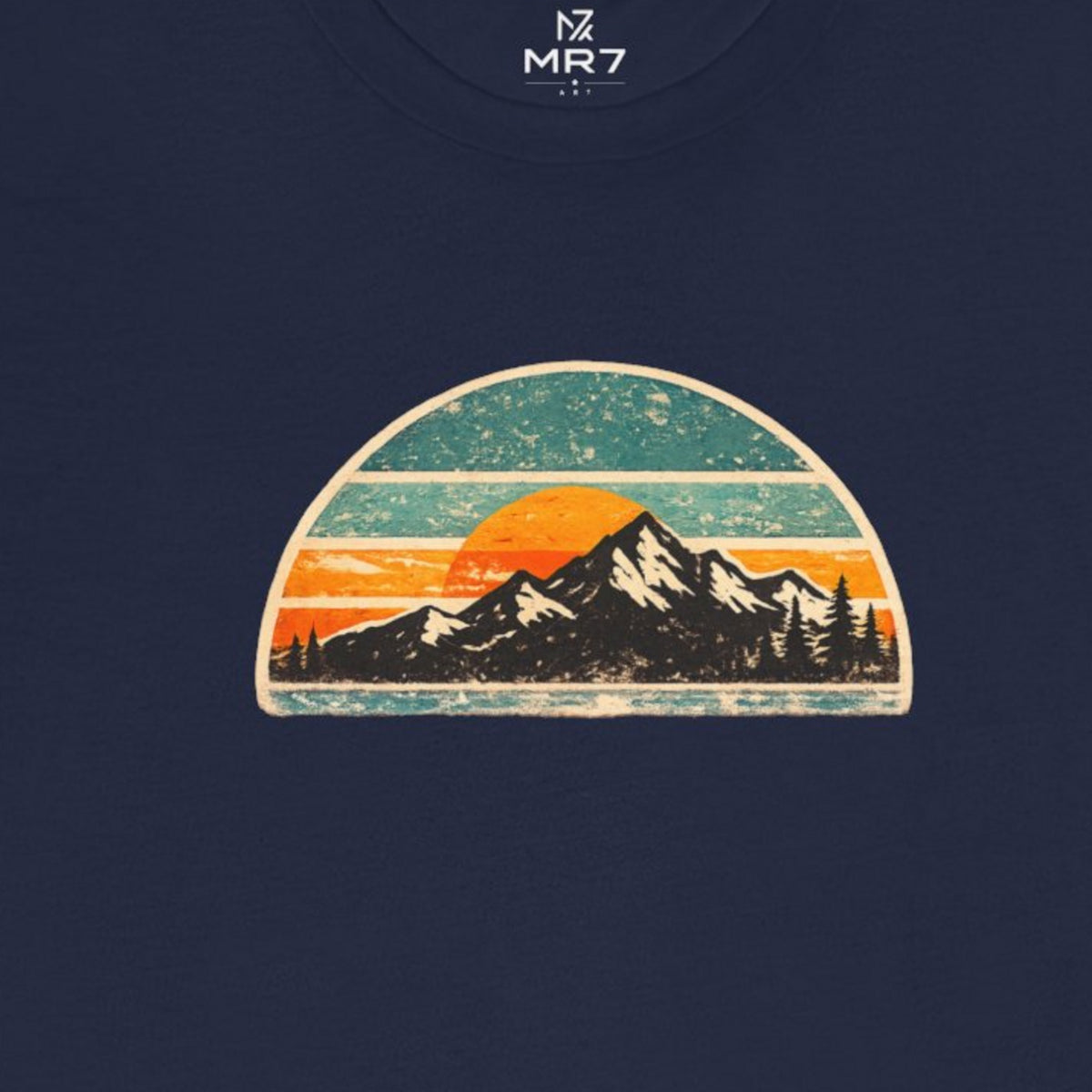 Retro Mountain Sunset Tee - Navy worn by a model | MR7ART