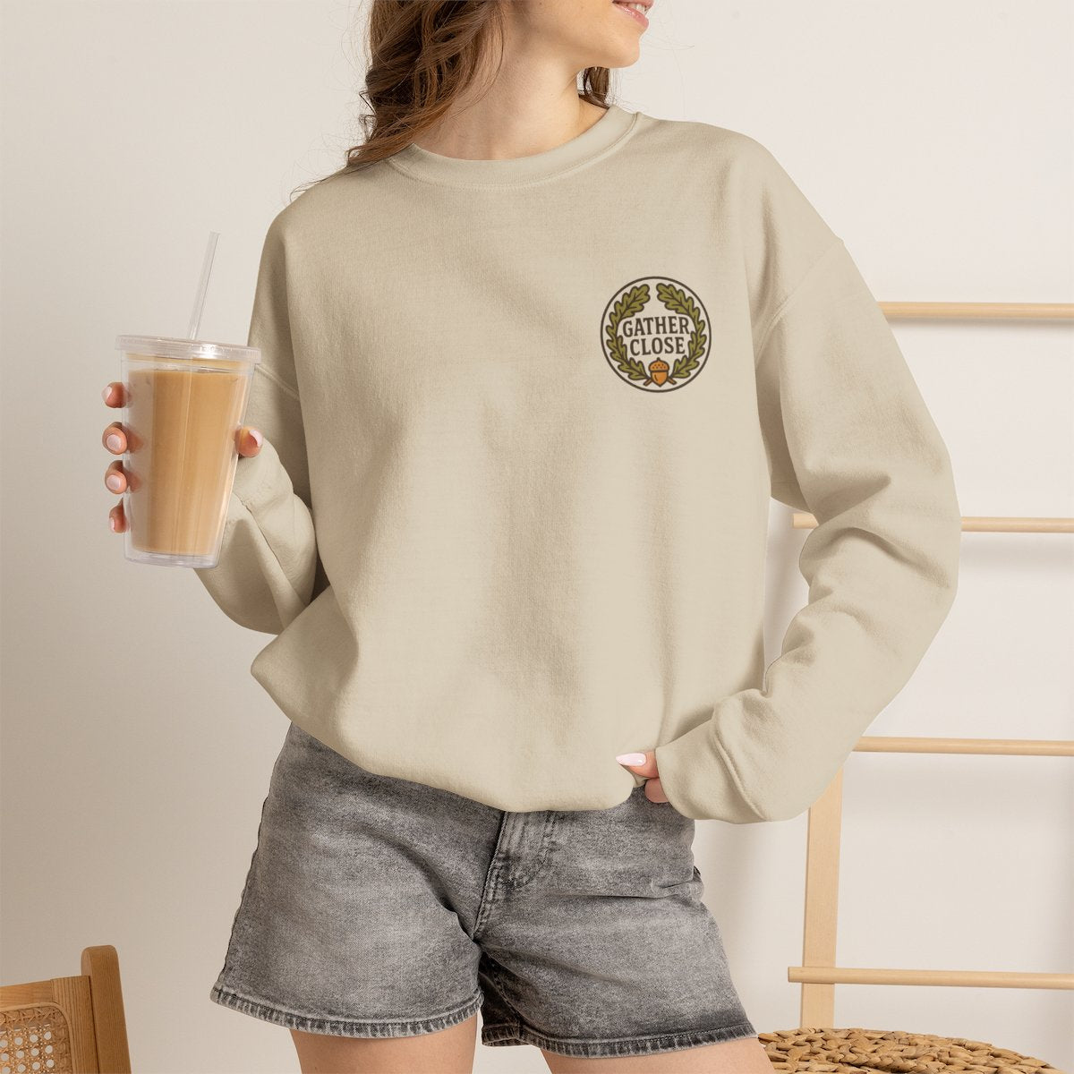 Thanksgiving Wreath Sweatshirt - Sand worn by a model | MR7ART