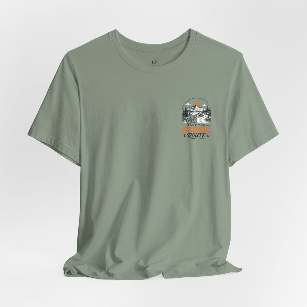 Scenic Route Graphic Tee — Vintage Road Trip Pocket Design - Sage flat lay | MR7ART