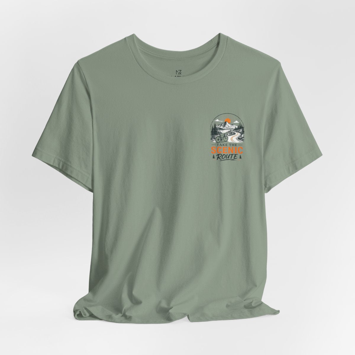 Scenic Route Graphic Tee — Vintage Road Trip Pocket Design - Sage flat lay | MR7ART