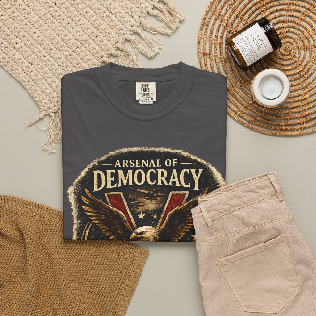 Arsenal of Democracy Shirt, WWII Patriotic Tee, Vintage Eagle Graphic T-Shirt, Freedom Defended 1941 1945 Shirt, American Pride Tee - Graphite product photo | MR7ART