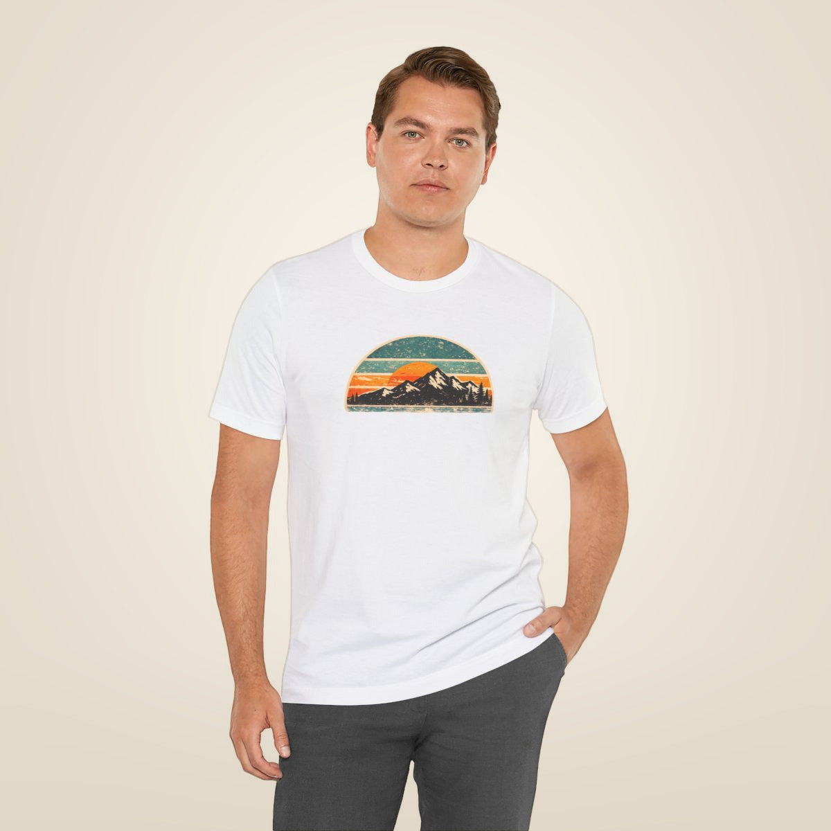 Retro Mountain Sunset Tee - White worn by a model | MR7ART