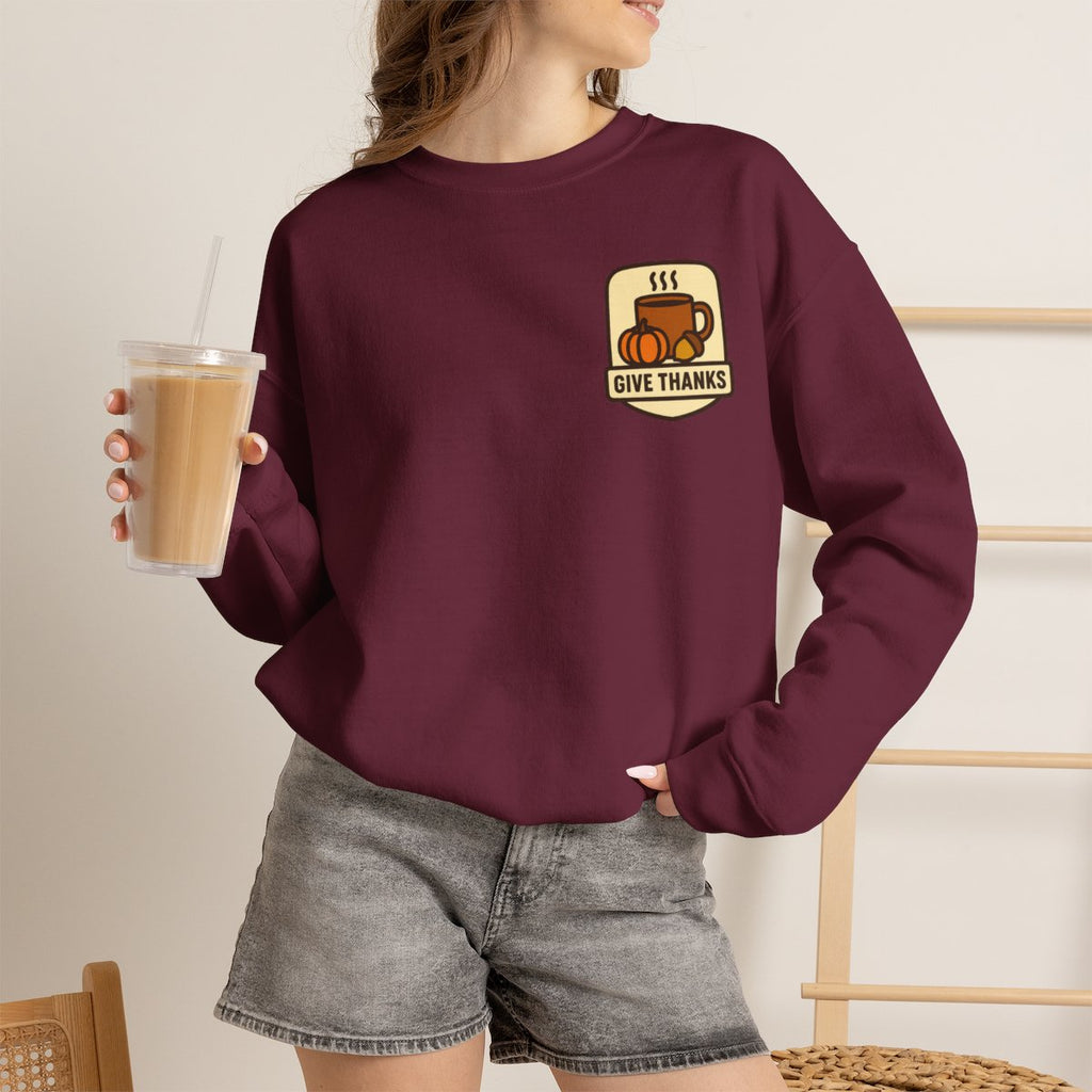 Thanksgiving Sweatshirt - Maroon worn by a model | MR7ART