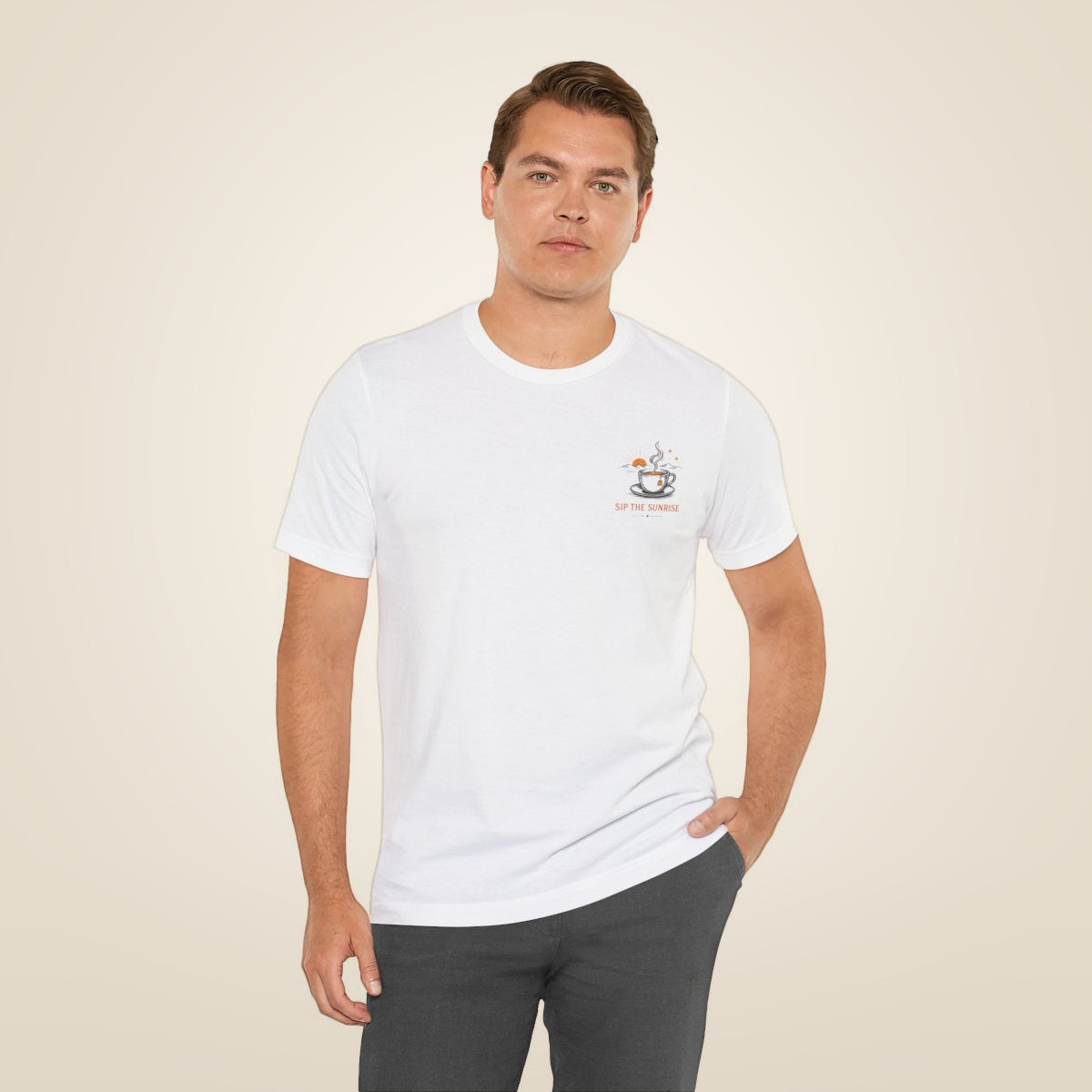 Sip the Sunrise T-Shirt - White worn by a model | MR7ART