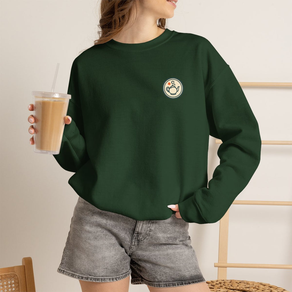 Vintage Teapot Sweatshirt - Forest Green worn by a model | MR7ART