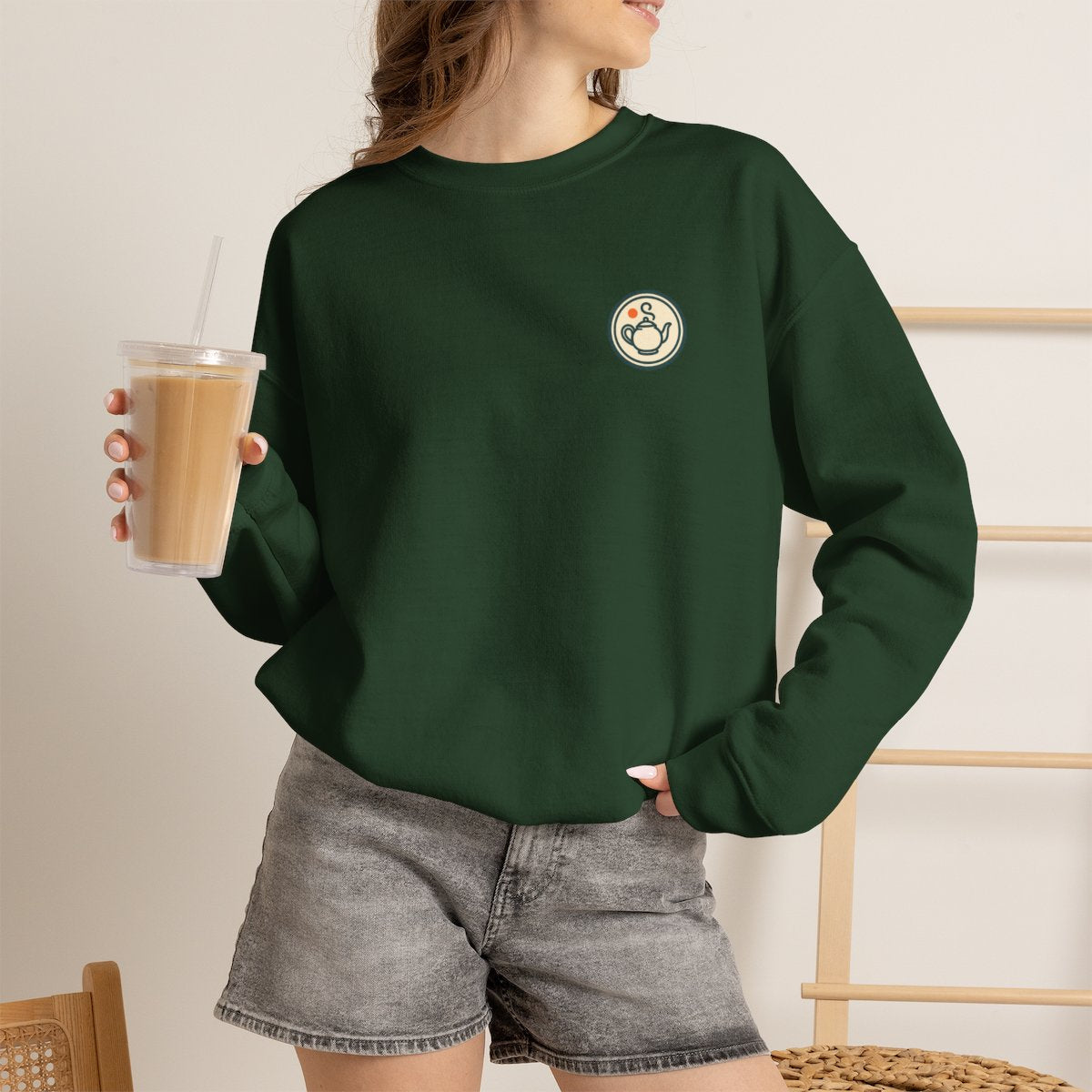 Vintage Teapot Sweatshirt - Forest Green worn by a model | MR7ART