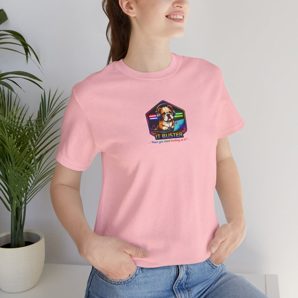 Retro Rainbow Dog Badge T-Shirt - Pink worn by a model | MR7ART