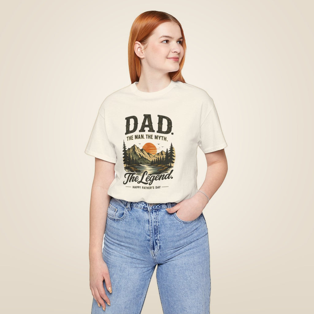Dad The Man The Myth The Legend Shirt, Funny Fathers Day Shirt, Matching Dad Son Shirt, Outdoor Mountain Graphic Tee, Gift for Dad - Natural worn by a model | MR7ART