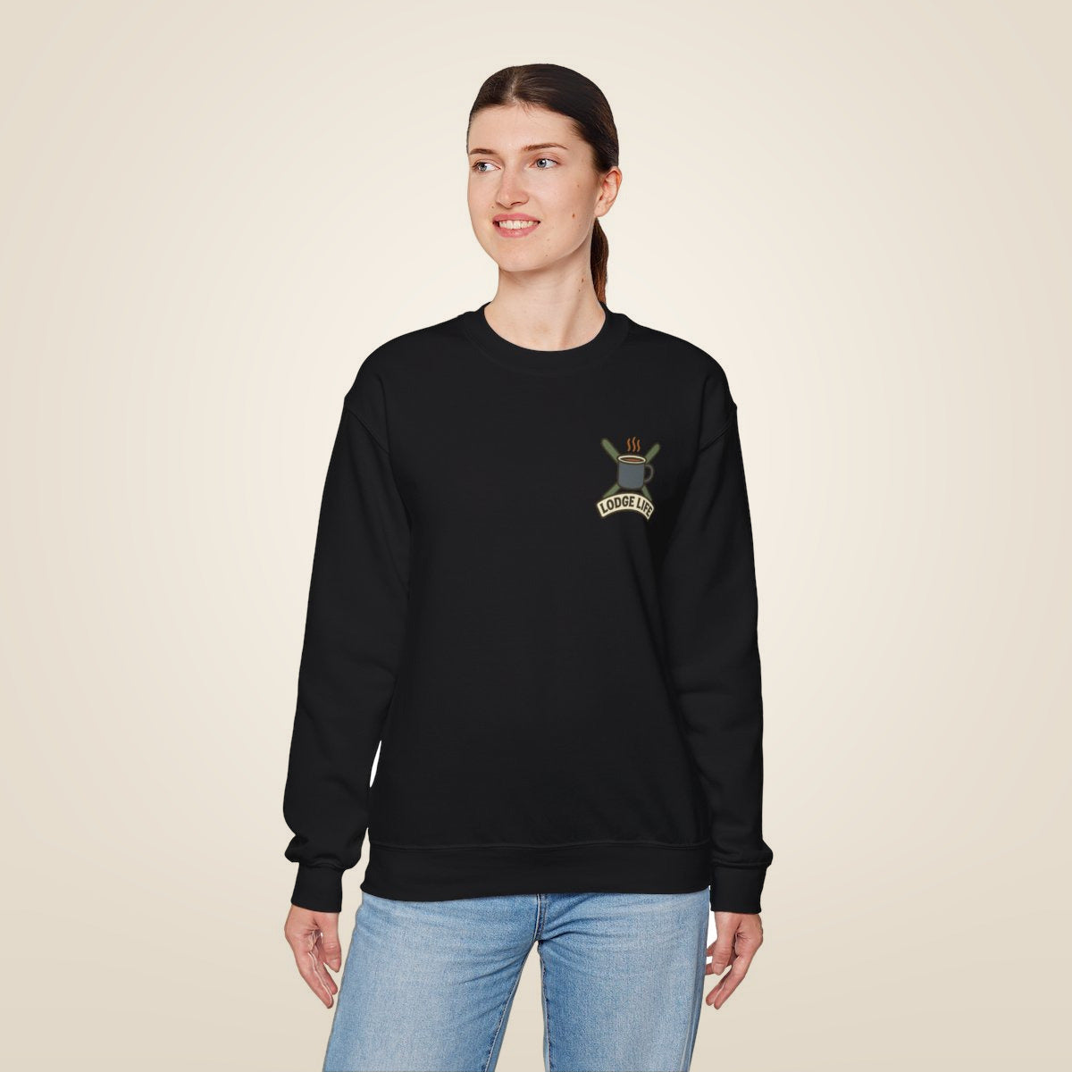 Ski Lodge Sweatshirt - Black worn by a model | MR7ART