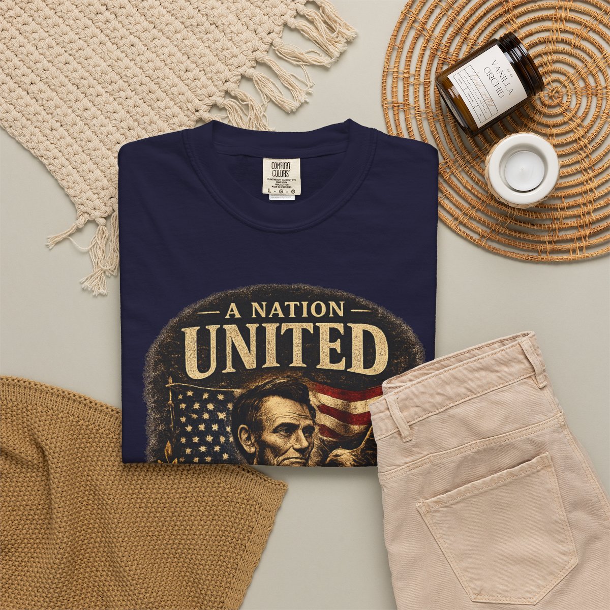 Vintage Lincoln Patriotic Shirt, A Nation United Tee, Abraham Lincoln Graphic T-Shirt, USA Flag Shirt, American History Tee, Civil War Shirt - True Navy product photo | MR7ART