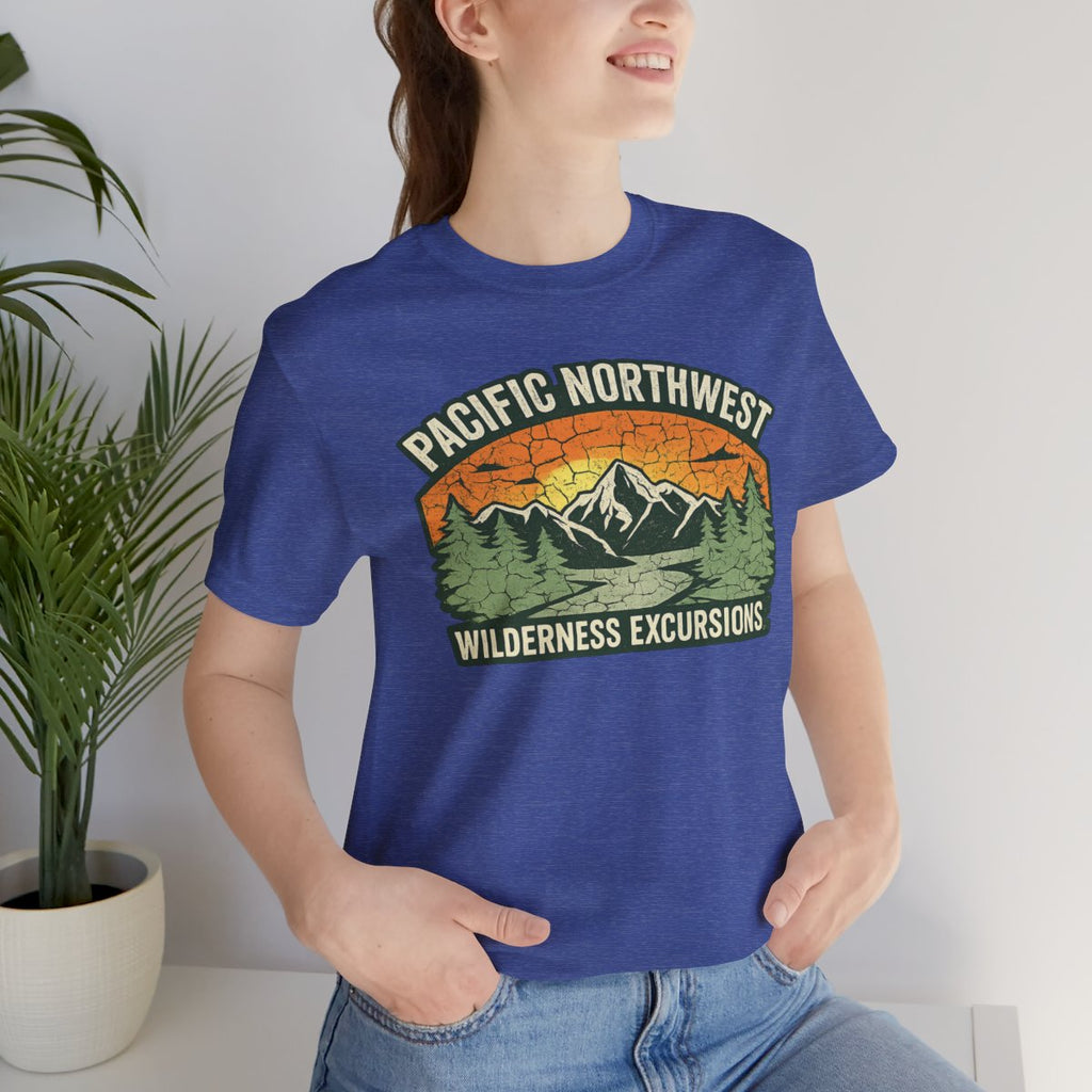 Pacific Northwest Wilderness Excursions T-Shirt - Heather True Royal worn by a model | MR7ART