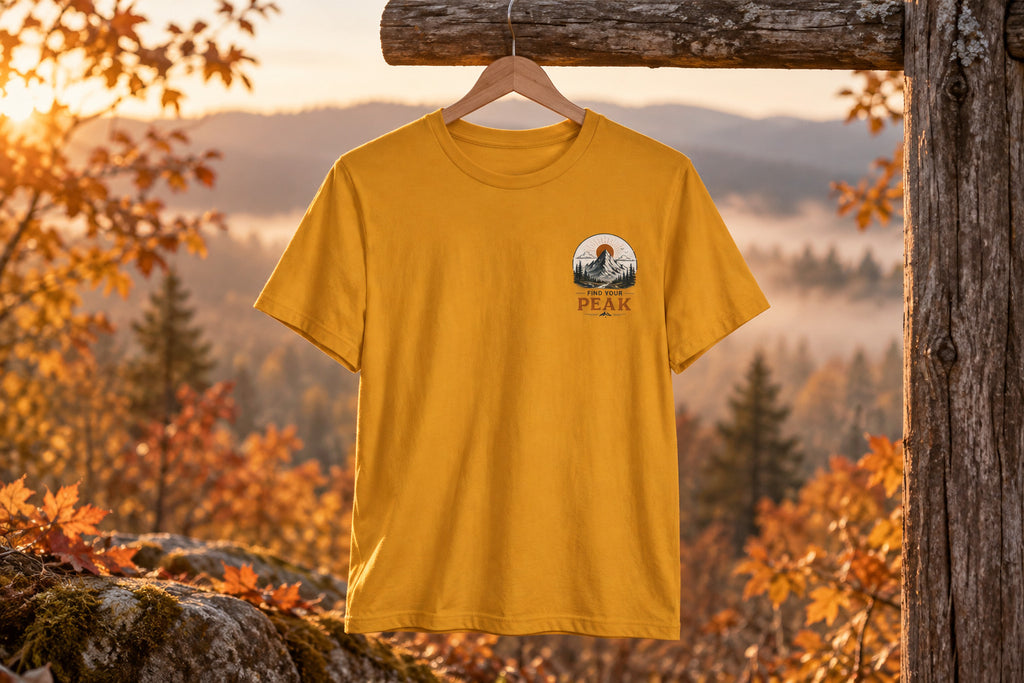 Peak Mountain Tee — Retro Sunrise Hiking T-Shirt - Mustard on a wooden hanger outdoors | MR7ART