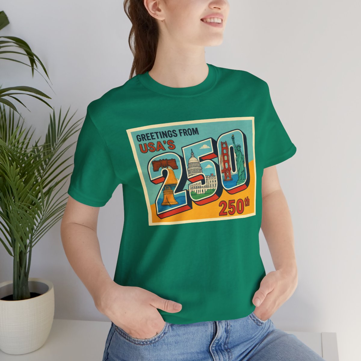 Greetings From USA 250th Vintage Postcard T-Shirt - Kelly worn by a model | MR7ART