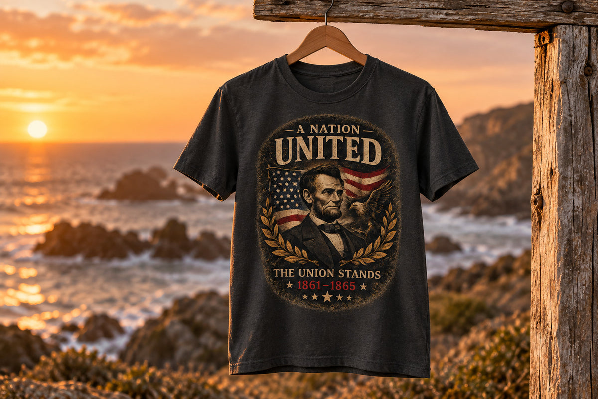 Vintage Lincoln Patriotic Shirt, A Nation United Tee, Abraham Lincoln Graphic T-Shirt, USA Flag Shirt, American History Tee, Civil War Shirt - Graphite on a wooden hanger outdoors | MR7ART