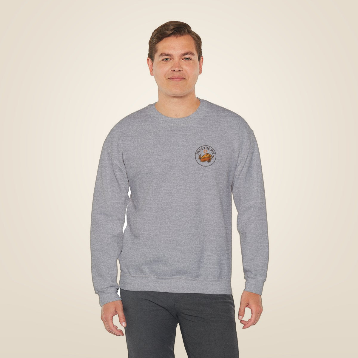 Friendsgiving Sweatshirt - Sport Grey worn by a model | MR7ART