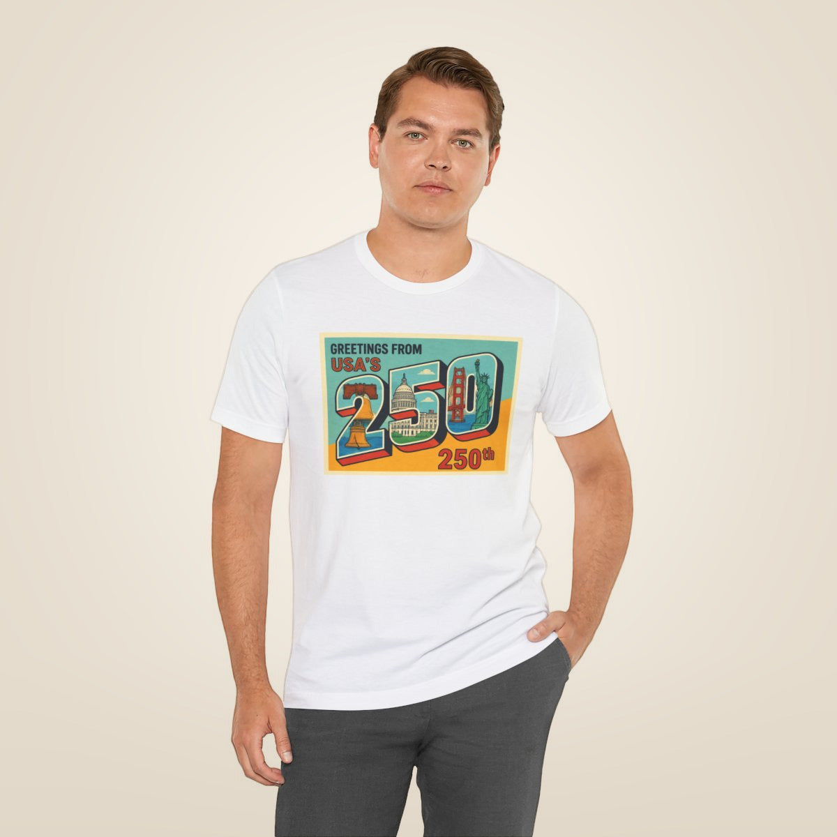 Greetings From USA 250th Vintage Postcard T-Shirt - White worn by a model | MR7ART