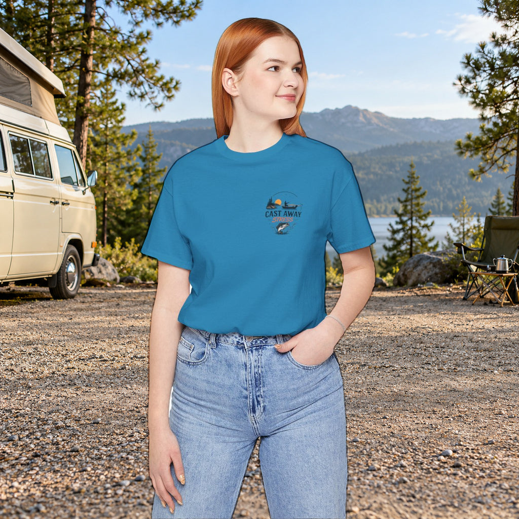 Fishing T-Shirt - "Cast Away" Graphic Tee with Sunset & Bass - Aqua worn by a model | MR7ART