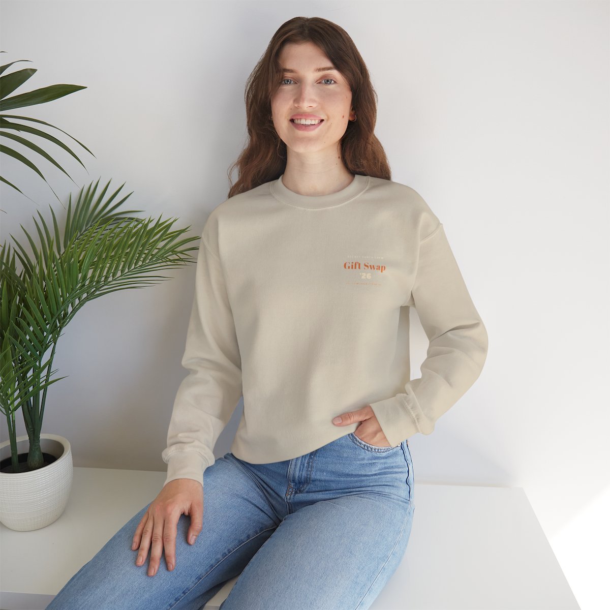 Secret Santa Sweatshirt - Sand worn by a model | MR7ART