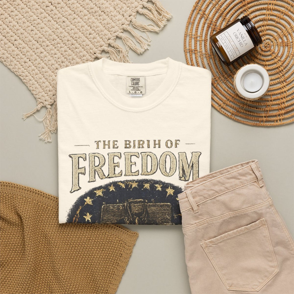 The Birth of Freedom 1776 Shirt, Retro America Tee, Vintage USA Flag T-Shirt, Liberty Bell Graphic Tee, Fourth of July Shirt, - Ivory product photo | MR7ART