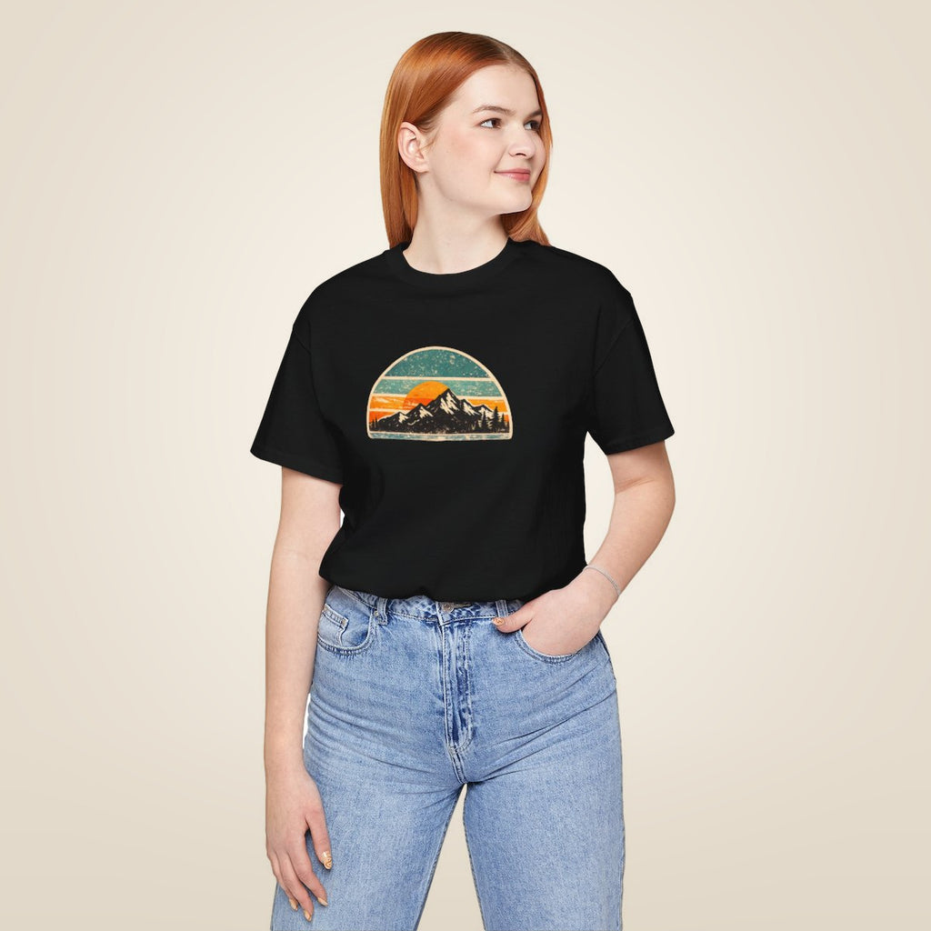 Retro Mountain Sunset Tee - Black worn by a model | MR7ART