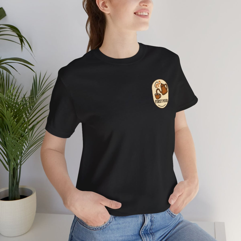 Pour Over Coffee Tee - Black worn by a model | MR7ART