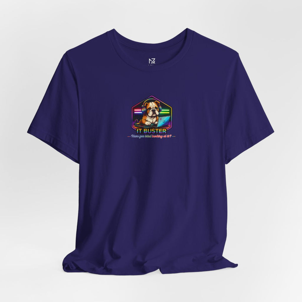 Retro Rainbow Dog Badge T-Shirt - Team Navy flat lay | MR7ART