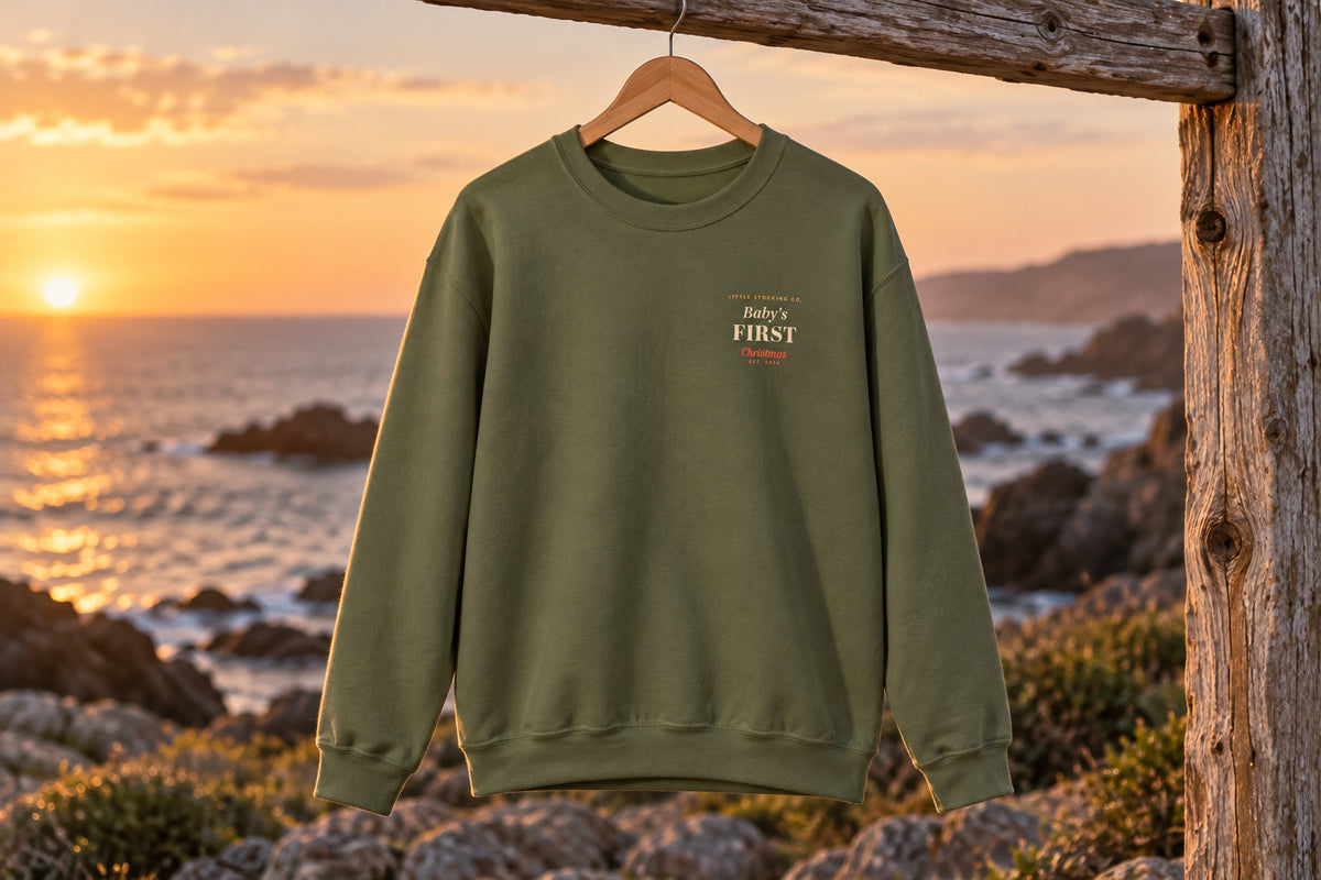 Baby's First Christmas Sweatshirt - Military Green on a wooden hanger outdoors | MR7ART