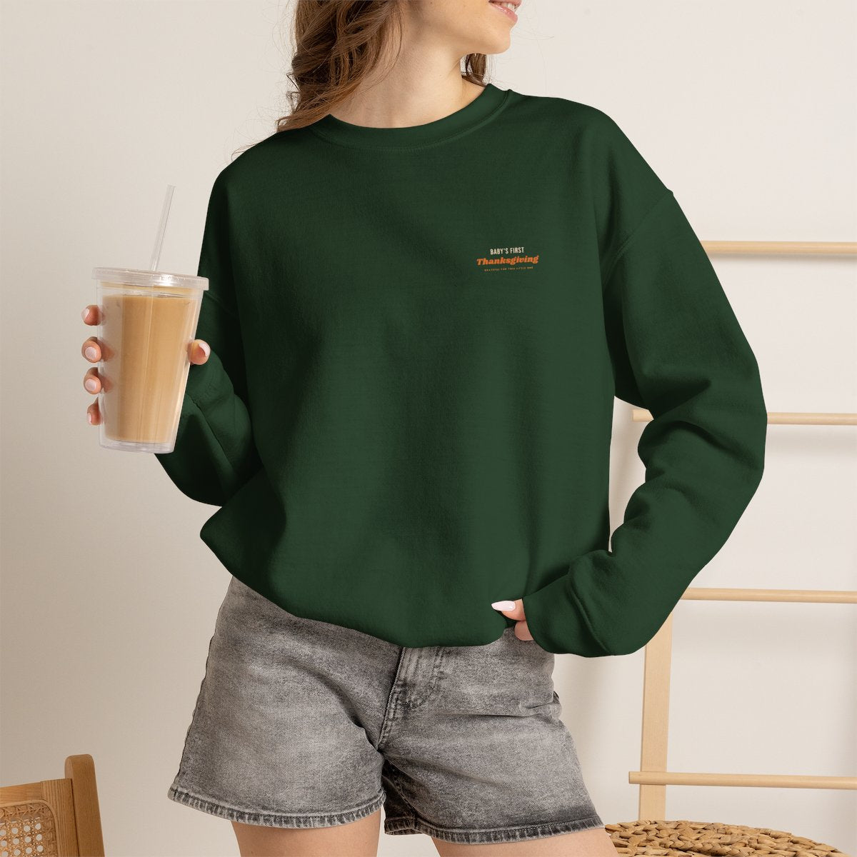 Baby's First Thanksgiving Sweatshirt - Forest Green worn by a model | MR7ART